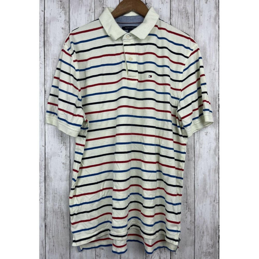Tommy Hilfiger Men's Red Blue Striped Short Sleeve Polo Shirt Sz XL
